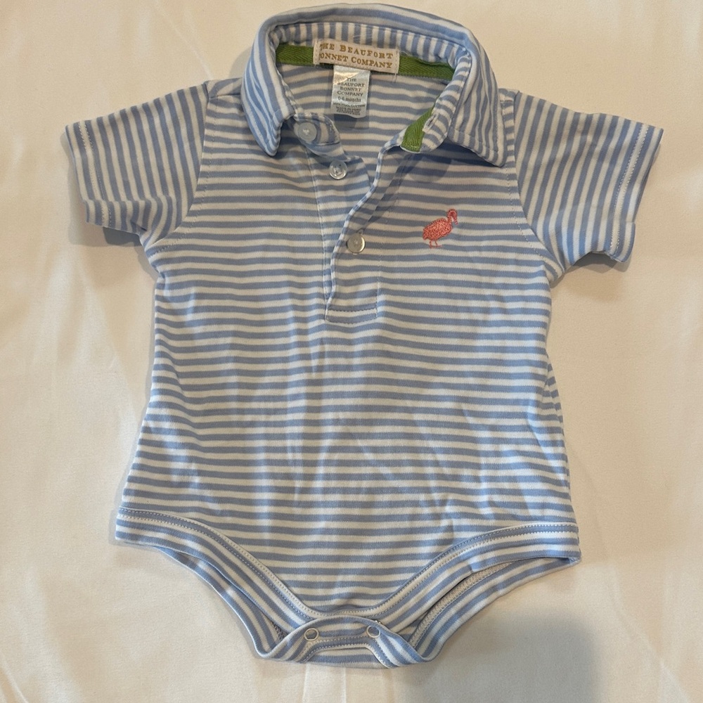 The Beaufort Bonnet Company Light Blue and White Striped Bodysuit